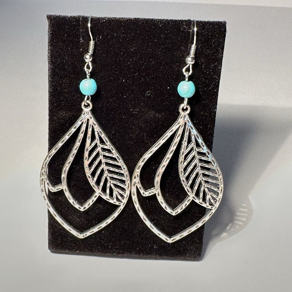 Boho Silver Tone Leaf FeatherTeardrop 3” Dangle Earrings Cutout with Bead